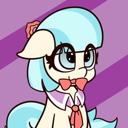 Size: 2250x2250 | Tagged: safe, artist:mrneo, imported from derpibooru, coco pommel, earth pony, pony, abstract background, bow, cocobetes, cute, female, floppy ears, mare, nom, solo, weapons-grade cute