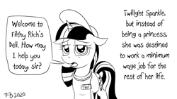 Size: 1200x675 | Tagged: safe, artist:pony-berserker, imported from derpibooru, twilight sparkle, pony, unicorn, after the series end, black and white, destiny, fate worse than death, female, grayscale, minimum wage, monochrome, pony-berserker's twitter sketches, sad, simple background, solo, solo female, tired, unicorn twilight, white background