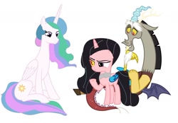 Size: 1280x893 | Tagged: safe, artist:mlplover2344, imported from derpibooru, discord, princess celestia, oc, oc:solar beam, hybrid, base used, dislestia, family, female, interspecies offspring, male, offspring, parent:discord, parent:princess celestia, parents:dislestia, shipping, simple background, straight, white background