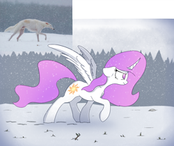 Size: 1080x906 | Tagged: safe, anonymous artist, imported from derpibooru, princess celestia, alicorn, pony, /mlp/, drawthread, ponified, ponified animal photo, reference used, snow, solo