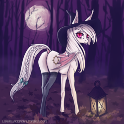 Size: 1200x1200 | Tagged: safe, artist:lunarlacepony, oc, oc only, oc:shikaka, bat pony, pony, vampire, vampire bat pony, vampony, albino, bat pony oc, bat wings, bow, braid, braided tail, butt, clothes, commission, cute, dock, ear fluff, female, forest, hat, lantern, long mane, looking at you, looking back, looking back at you, mare, mare in the moon, moon, night, plot, socks, solo, stockings, tail bow, thigh highs, wings, witch hat, ych result