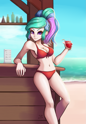 Size: 693x1000 | Tagged: safe, artist:the-park, imported from ponybooru, princess celestia, human, alcohol, alternate hairstyle, bar, beach, belly button, bikini, bottle, clothes, drink, female, humanized, looking at you, margarita, midriff, ocean, ponytail, smiling, solo, straw, swimsuit