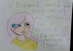 Size: 720x500 | Tagged: safe, artist:smol_andriusha, imported from derpibooru, fluttershy, human, bust, clothes, female, humanized, implied discord, solo, sweater, talking, traditional art, vulgar