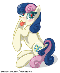 Size: 1094x1336 | Tagged: safe, artist:nanazdina, imported from derpibooru, part of a set, bon bon, sweetie drops, earth pony, pony, :p, adorabon, blushing, candy, cute, cutie mark, food, heart eyes, lineart, shading, simple background, sitting, solo, tongue out, white background, wingding eyes