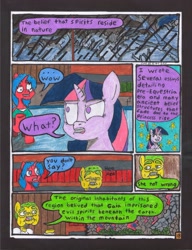 Size: 2513x3277 | Tagged: safe, artist:oatmeal155, imported from derpibooru, twilight sparkle, oc, oc:crimson maroon, oc:sour root, earth pony, pony, unicorn, comic:oat.meal, book, comic, dialogue, ever emerald manor, library, rain, stained glass, stars, traditional art, window