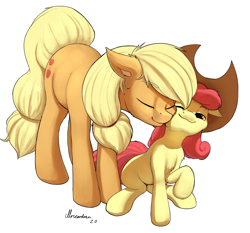 Size: 1920x1792 | Tagged: safe, artist:mricantdraw, imported from derpibooru, apple bloom, applejack, earth pony, pony, accessory swap, adorabloom, apple sisters, applebetes, applejack's hat, chest fluff, cowboy hat, cute, duo, ear fluff, eyes closed, female, filly, hat, jackabetes, mare, nuzzling, one eye closed, raised leg, siblings, signature, simple background, sisters, smiling, sweet dreams fuel, white background, wholesome
