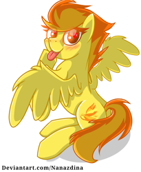 Size: 1094x1336 | Tagged: safe, artist:nanazdina, imported from derpibooru, part of a set, spitfire, pegasus, pony, :p, blushing, cute, cutefire, cutie mark, heart eyes, ibispaint x, looking at you, simple background, solo, spread wings, tongue out, white background, wingding eyes, wings, wonderbolts