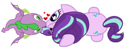 Size: 944x383 | Tagged: safe, artist:lincolnbrewsterfan, hundreds of users filter this tag, imported from derpibooru, imported from ponybooru, spike, starlight glimmer, dragon, pony, unicorn, female, kissing, male, nocturnal vision's overhead ponies, romance, shipping, show accurate, simple background, sparlight, straight, transparent background, winged spike, wings