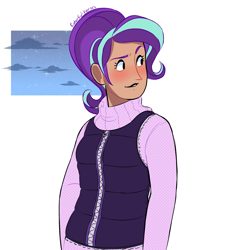 Size: 2500x2500 | Tagged: safe, artist:syrupyyy, artist:watchoutoprah, imported from derpibooru, starlight glimmer, human, alternate hairstyle, blushing, clothes, female, humanized, lip bite, lipstick, raised eyebrow, simple background, solo, sweater, vest, white background