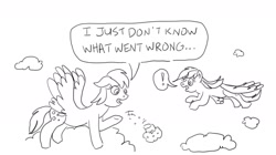 Size: 1440x804 | Tagged: safe, artist:jamestkelley, imported from derpibooru, derpy hooves, rainbow dash, pegasus, pony, black and white, cloud, digital art, dropping, flying, food, grayscale, i just don't know what went wrong, monochrome, muffin, on a cloud, sad, speech bubble, standing on a cloud, surprised