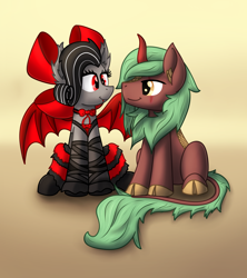 Size: 3500x3938 | Tagged: safe, artist:yugtra, imported from derpibooru, oc, oc:selketo, oc:valentora, bat pony, kirin, pony, bat pony oc, bat wings, bow, clothes, couple, curly mane, dress, eye contact, eyelashes, fangs, female, kirin oc, leg warmers, looking at each other, male, red and black oc, ribbon, scar, sitting, smiling, tail, tail fluff, wings