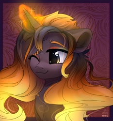 Size: 1629x1750 | Tagged: safe, artist:radioaxi, artist:reterica, imported from derpibooru, oc, oc only, pony, unicorn, abstract background, chest fluff, eye clipping through hair, female, flowing mane, glowing horn, horn, magic, mare, one eye closed, smiling, solo