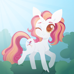 Size: 4000x4011 | Tagged: safe, artist:belka-sempai, imported from derpibooru, oc, oc only, pony, unicorn, bush, chest fluff, crepuscular rays, cute, female, hock fluff, mare, ocbetes, one eye closed, raised hoof, raised leg, scenery, smiling, solo, wink