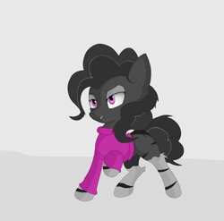 Size: 4048x3992 | Tagged: safe, artist:groomlake, imported from derpibooru, oc, oc only, oc:mercury gray, oc:mercury_gray, earth pony, hybrid, pony, zebra, absurd resolution, clothes, fangs, gradient hooves, hybrid oc, lidded eyes, male, one hoof raised, puffy mane, puffy tail, raised hoof, solo, stripes, sweater, zebra oc