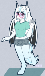 Size: 1522x2552 | Tagged: safe, artist:puetsua, imported from derpibooru, oc, oc only, anthro, bat pony, unguligrade anthro, clothes, eyebrows, eyebrows visible through hair, female, glasses, looking at you, midriff, raised leg, shirt, shorts, smiling, smiling at you, solo, waving, wings