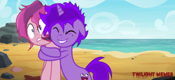 Size: 960x440 | Tagged: safe, artist:sanav1, artist:twilight_memes, imported from derpibooru, oc, oc:formosana, oc:jão, oc:sana, earth pony, pony, unicorn, beach, brazil, earth pony oc, horn, hug, hug from behind, pink hair, purple hair, unicorn oc