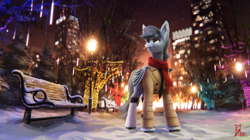 Size: 4531x2540 | Tagged: safe, alternate version, artist:smowu, artist:syntaxartz, imported from derpibooru, oc, oc only, bat pony, pony, bench, cigarette, city, clothes, commission, irl, male, night, park, park bench, photo, ponies in real life, scarf, shirt, smiling, smoking, snow, solo, stallion, streetlight, winter