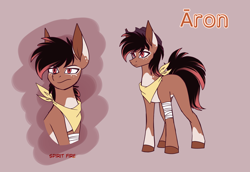 Size: 3200x2200 | Tagged: safe, artist:celes-969, artist:spirit-fire360, imported from derpibooru, oc, oc only, oc:aron, earth pony, pony, bandage, bandana, freckles, hat, male, simple background, stallion