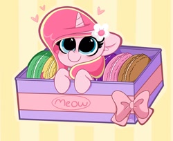 Size: 1024x836 | Tagged: safe, artist:kittyrosie, imported from derpibooru, oc, oc only, oc:rosa flame, pony, unicorn, box, cute, female, floppy ears, food, heart, macaron, mare, ocbetes, redraw, smiling, solo, striped background