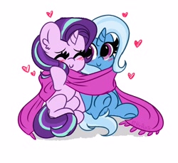 Size: 4096x3755 | Tagged: safe, artist:kittyrosie, imported from derpibooru, starlight glimmer, trixie, pony, unicorn, blushing, clothes, cute, diatrixes, doodle, duo, eyes closed, female, glimmerbetes, heart, lesbian, mare, raised leg, scarf, shared clothing, shared scarf, shipping, simple background, sitting, smiling, startrix, white background