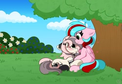 Size: 872x601 | Tagged: safe, artist:kittyrosie, imported from derpibooru, oc, oc only, earth pony, pegasus, pony, blushing, bush, clothes, cloud, commission, cute, duo, female, floppy ears, grass, hairclip, heart, lesbian, looking at each other, mare, oc x oc, ocbetes, scenery, shipping, sitting, smiling, socks, tree, under the tree