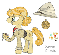 Size: 1069x1000 | Tagged: safe, artist:underwoodart, imported from derpibooru, oc, oc:summer twinkle, pony, unicorn, astrolabe, belt, clothes, compass, cravat, explorer, explorer outfit, female, hairpin, hat, mare, palette, pith helmet, reference sheet, shirt, simple background, the tale of two sisters, white background