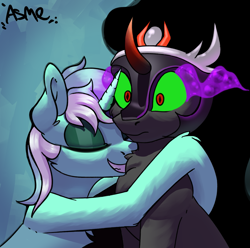 Size: 2851x2826 | Tagged: safe, artist:asme, imported from derpibooru, king sombra, lyra heartstrings, pony, unicorn, antagonist, duo, eyes closed, female, hug, male, mare, sombra eyes, stallion, wide eyes