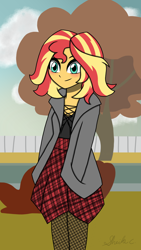 Size: 1440x2560 | Tagged: safe, artist:iamsheila, imported from derpibooru, sunset shimmer, equestria girls, alternate hairstyle, autumn, clothes, cute, fashion, fashion style, shimmerbetes, short hair, solo, toy, tree