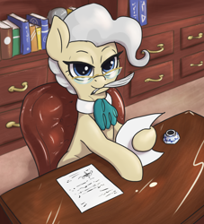 Size: 1660x1830 | Tagged: safe, artist:t72b, derpibooru exclusive, imported from derpibooru, mayor mare, earth pony, pony, book, chair, desk, female, glasses, inkwell, looking at you, mare, mouth hold, office, paperwork, quill, sitting, solo