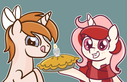 Size: 1003x648 | Tagged: safe, artist:redpalette, imported from derpibooru, oc, oc:red palette, oc:white shield, pony, unicorn, base used, birthday, bow, clothes, cute, food, horn, pie, scarf, tongue out, unicorn oc