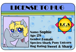 Size: 2600x1800 | Tagged: safe, artist:dawn-designs-art, imported from derpibooru, oc, oc only, oc:sophie, hybrid, original species, pony, shark, shark pony, bubble, commission, cuddling, female, hug, id card, license, license to hug, mare, sharp teeth, solo, teeth, your character here