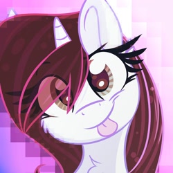 Size: 2000x2000 | Tagged: safe, artist:lbrcloud, artist:littleblackraencloud, imported from derpibooru, oc, oc only, oc:brittneigh ackermane, pony, unicorn, bust, cheek fluff, eye clipping through hair, eyebrows, eyebrows visible through hair, female, looking at you, mare, pixelated, portrait, smiling, smiling at you, solo, tongue out