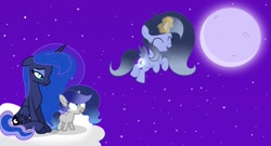 Size: 1280x691 | Tagged: safe, artist:stellamoonshine, artist:stellamoonshineyt, imported from derpibooru, princess luna, oc, oc:luminous moon, oc:stella moonshine, pony, 5-year-old, cloud, cutiespark, female, filly, magic, moon, night, offspring, parent:princess luna, parent:stygian, parents:styuna