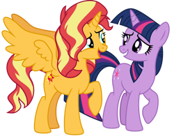 Size: 1024x800 | Tagged: safe, artist:emeraldblast63, imported from derpibooru, sunset shimmer, twilight sparkle, alicorn, pony, unicorn, alicornified, alternate universe, backwards cutie mark, duo, duo female, female, grin, looking at each other, open mouth, race swap, raised hoof, role reversal, shimmercorn, simple background, smiling, transparent background, unicorn twilight