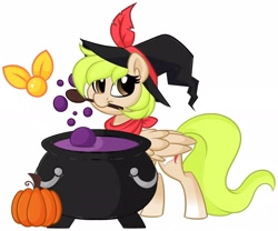 Size: 2048x1706 | Tagged: safe, artist:missbramblemele, imported from derpibooru, oc, oc only, oc:pixie, fairy, pegasus, pony, cauldron, clothes, feather, hat, looking at you, pumpkin, scarf, simple background, solo, white background, witch hat