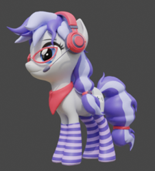 Size: 271x300 | Tagged: safe, artist:meisteraryanne, artist:sgt.acey, imported from derpibooru, oc, oc only, oc:cinnabyte, earth pony, pony, 3d, clothes, glasses, headphones, modeling, scarf, socks, solo, striped socks