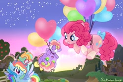 Size: 1024x684 | Tagged: safe, artist:hopenotfound, artist:sakurainu2715, imported from derpibooru, pinkie pie, rainbow dash, oc, oc:ocean beats, oc:sunlight, earth pony, pony, baby, baby pony, balloon, bow, female, floating, lesbian, magical lesbian spawn, offspring, parent:pinkie pie, parent:rainbow dash, parents:pinkiedash, pinkiedash, shipping, tail bow, then watch her balloons lift her up to the sky