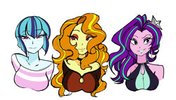 Size: 2048x1171 | Tagged: safe, artist:happypaca, imported from derpibooru, adagio dazzle, aria blaze, sonata dusk, equestria girls, alternate hairstyle, breasts, bust, busty adagio dazzle, busty aria blaze, busty sonata dusk, clothes, disguise, disguised siren, eyeshadow, female, lipstick, looking at you, makeup, milf, off shoulder, simple background, sleeveless, smiling, the dazzlings, white background