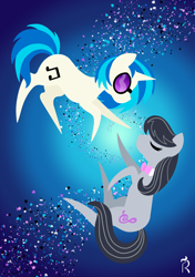 Size: 1748x2480 | Tagged: safe, artist:dawn-designs-art, imported from derpibooru, dj pon-3, octavia melody, vinyl scratch, earth pony, pony, unicorn, abstract, abstract art, abstract background, duo, duo female, female, floating, mare, minimalist, modern art