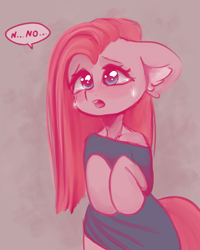 Size: 800x1000 | Tagged: safe, artist:valeria_fills, imported from derpibooru, pinkie pie, earth pony, pony, bipedal, clothes, crying, digital art, dress, female, floppy ears, hooves, long mane, mare, open mouth, pinkamena diane pie, solo, speech bubble, tail, text