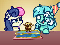 Size: 4000x3000 | Tagged: safe, artist:witchtaunter, imported from derpibooru, bon bon, lyra heartstrings, sweetie drops, earth pony, pony, unicorn, birthday, birthday cake, bon bon is not amused, cake, faic, food, funny face, gradient background, hat, l.u.l.s., party hat, smiling, spongebob squarepants, spongebob squarepants (character), unamused, wat