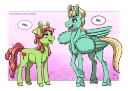 Size: 1408x1000 | Tagged: safe, artist:inuhoshi-to-darkpen, imported from derpibooru, tree hugger, zephyr breeze, earth pony, pegasus, pony, chest fluff, dialogue, ear fluff, female, hey, hoof fluff, looking at each other, male, open mouth, raised hoof, shipping, smiling, speech bubble, straight, wing fluff, zephyrhugger