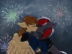 Size: 3076x2330 | Tagged: safe, artist:rensakai, imported from derpibooru, oc, oc:scarlet spray, oc:soaring heart, earth pony, pegasus, pony, fallout equestria, female, fireworks, kissing, lesbian