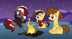 Size: 3673x2001 | Tagged: artist needed, safe, artist:hannah rainboom, imported from derpibooru, oc, oc:scarlet spray, oc:soaring heart, earth pony, pegasus, pony, campfire, female, filly, magical lesbian spawn, offspring, parent:scarlet spray, parent:soaring heart