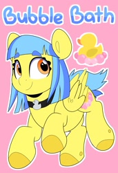 Size: 1397x2048 | Tagged: safe, artist:duckie, imported from derpibooru, oc, oc:bubble "duckie" bath, pegasus, pony, choker, eye clipping through hair, eyebrows, eyebrows visible through hair, fringe, hooves, reference sheet, rubber duck
