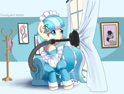 Size: 844x637 | Tagged: safe, artist:vinilyart, imported from derpibooru, coco pommel, octavia melody, earth pony, pony, clothes, cocobetes, curtains, cute, female, maid, mare, mouth hold, picture frame, solo, vacuum cleaner, window