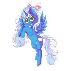 Size: 1024x1024 | Tagged: safe, artist:sakimiaji, imported from derpibooru, oc, oc only, oc:fleurbelle, alicorn, pony, alicorn oc, bow, female, hair bow, horn, legs in air, mare, simple background, solo, tongue out, transparent background, wingding eyes, wings, yellow eyes