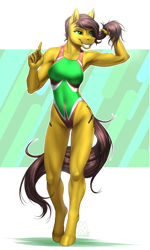 Size: 2850x4750 | Tagged: safe, artist:mykegreywolf, imported from derpibooru, oc, oc only, oc:archer, anthro, earth pony, pony, unguligrade anthro, armpits, athletic, breasts, clothes, ear fluff, female, high-cut clothing, legs, one-piece swimsuit, reasonably sized breasts, sexy, smiling, solo, solo female, swimsuit, teeth, thighs, thong swimsuit, toned, tricolor swimsuit