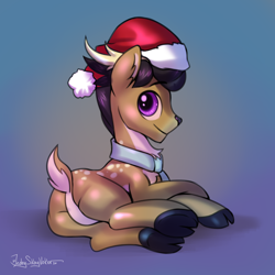 Size: 3000x3000 | Tagged: safe, artist:jedayskayvoker, imported from derpibooru, oc, oc only, deer, deer pony, original species, butt, christmas, clothes, cloven hooves, deer oc, gradient background, hat, holiday, looking at you, male, plot, santa hat, scarf, solo, solo male