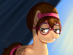 Size: 4000x3000 | Tagged: safe, artist:yumomochan, imported from derpibooru, oc, oc:beauty paint, pegasus, pony, blue background, eyes half closed, female, glasses, hairband, lidded eyes, mare, original character do not steal, pegasus oc, shadow, simple background, smiley face, smiling, wings